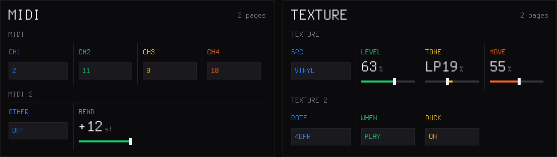 SLOOP web editor: MIDI and TEXTURE settings
