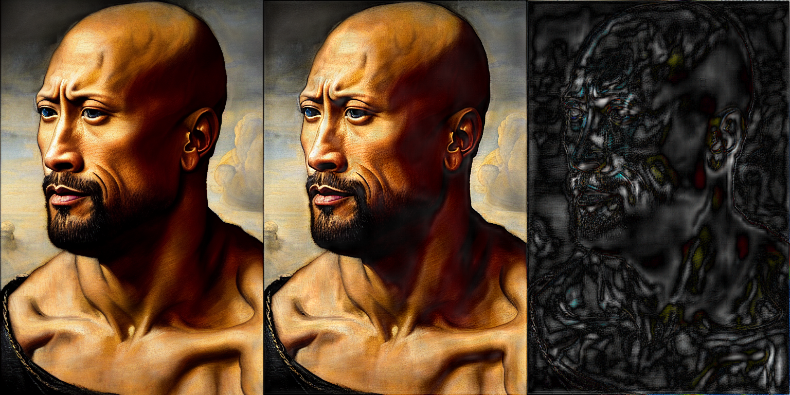 Original and watermarked images, and their difference