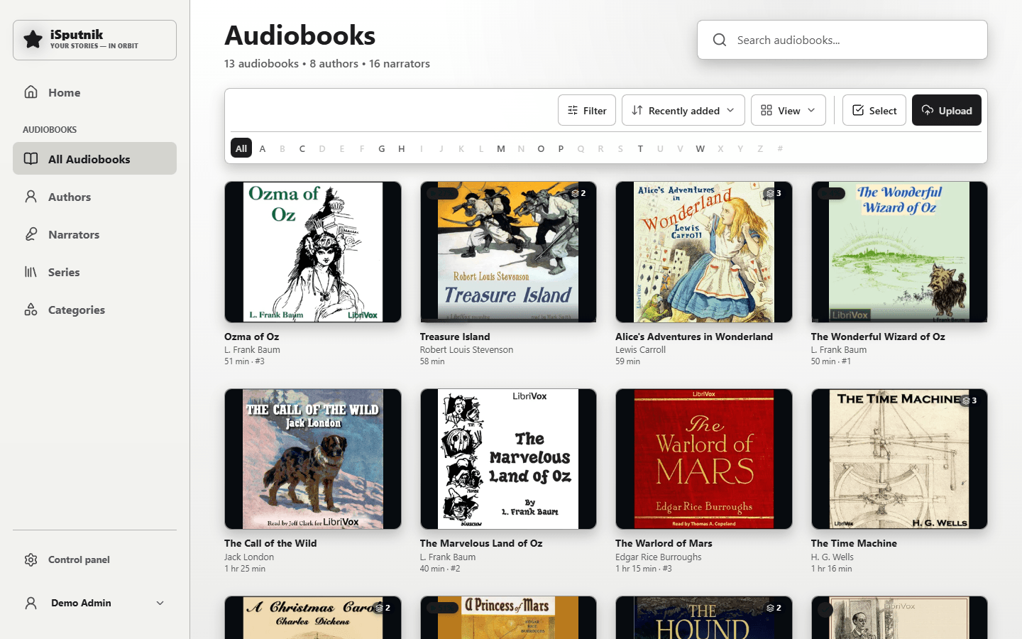 The Audiobooks page: a cover grid with the toolbar and the A–Z strip