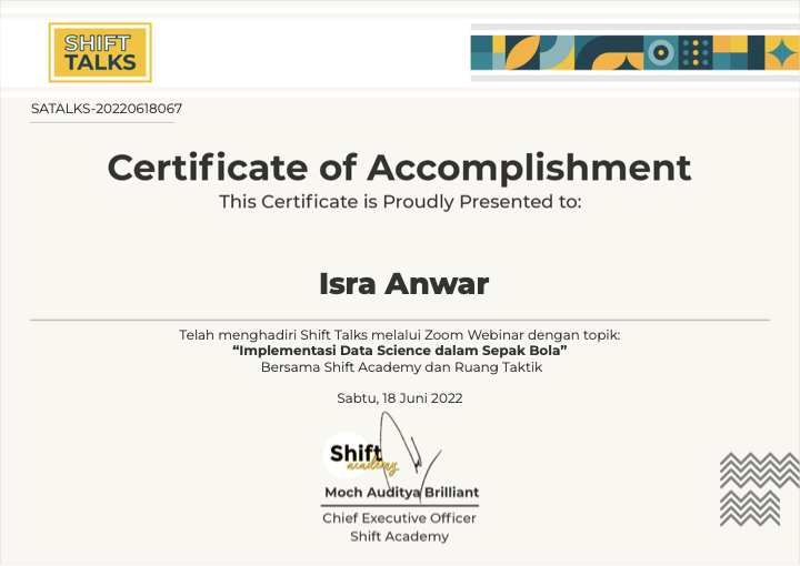 Certificate of Accomplishment — Implementasi Data Science dalam Sepak Bola, Shift Talks