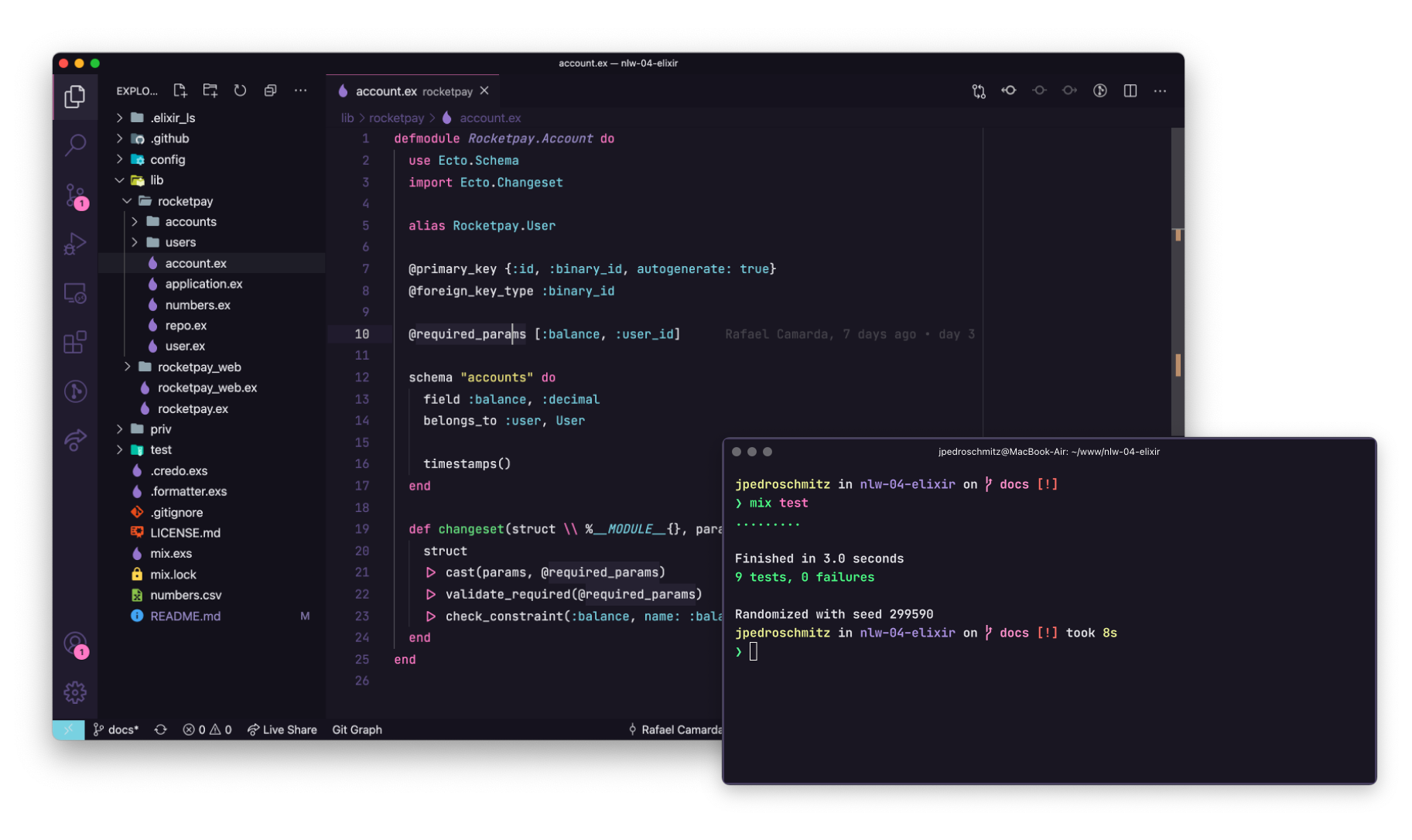 Código e terminal com testes