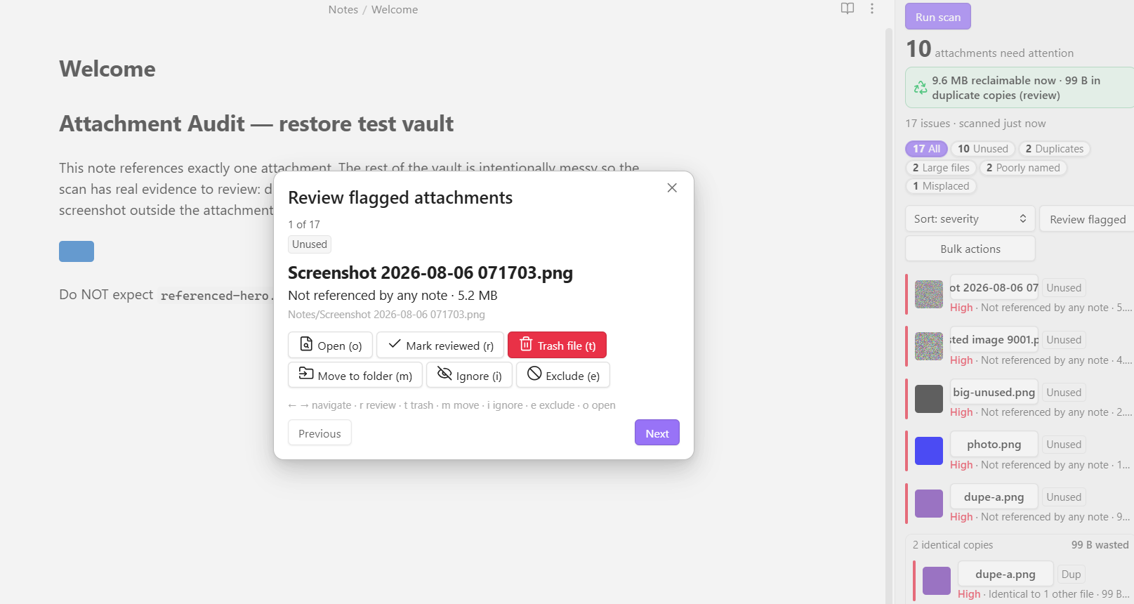Attachment Audit hero: real demo-vault scan state showing flagged files, duplicate proof, and cleanup-safety cues