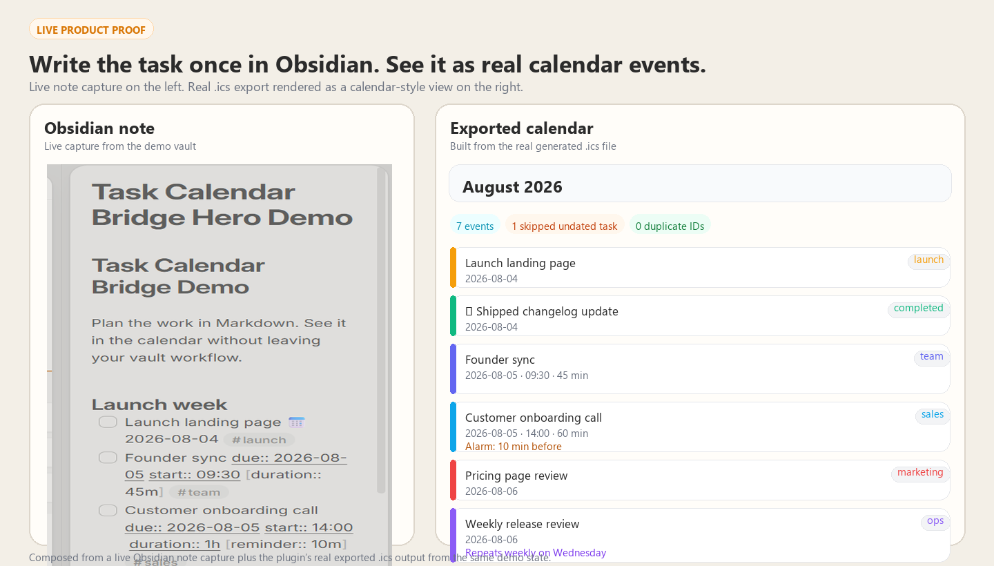 Task Calendar Bridge hero: tasks written in Obsidian rendered as real calendar events