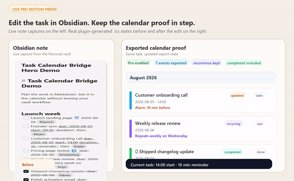 Task Calendar Bridge Pro motion proof: edit the task in Obsidian, then see the exported calendar proof update
