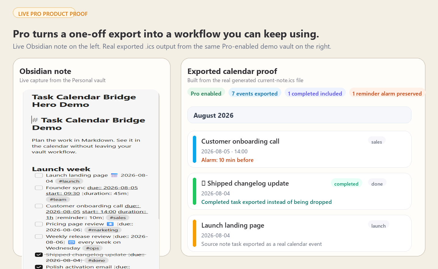Task Calendar Bridge Pro proof: live Obsidian note on the left, real exported calendar output on the right
