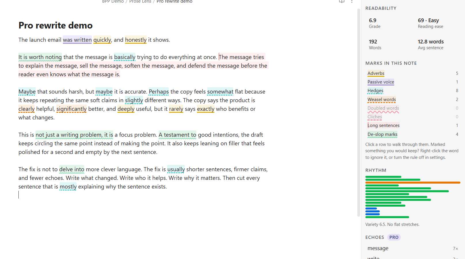 Prose Lens Pro capturing a live rewrite in Obsidian, with echo detection and revision delta showing the draft getting shorter and cleaner