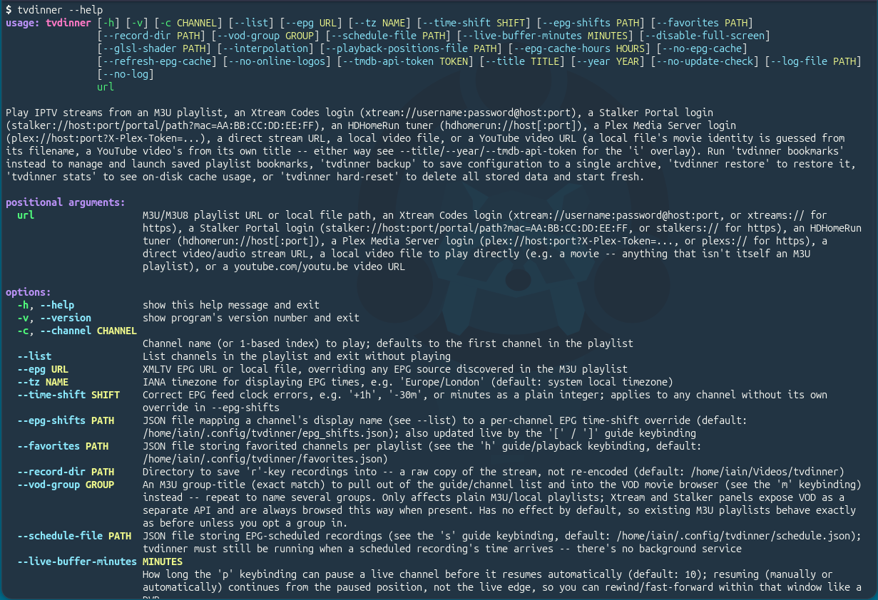 tvdinner --help output