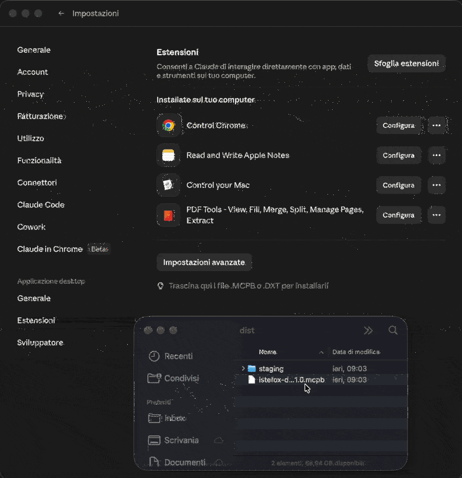 Installing istefox-dt-mcp in Claude Desktop — drag the .mcpb bundle into Settings → Extensions