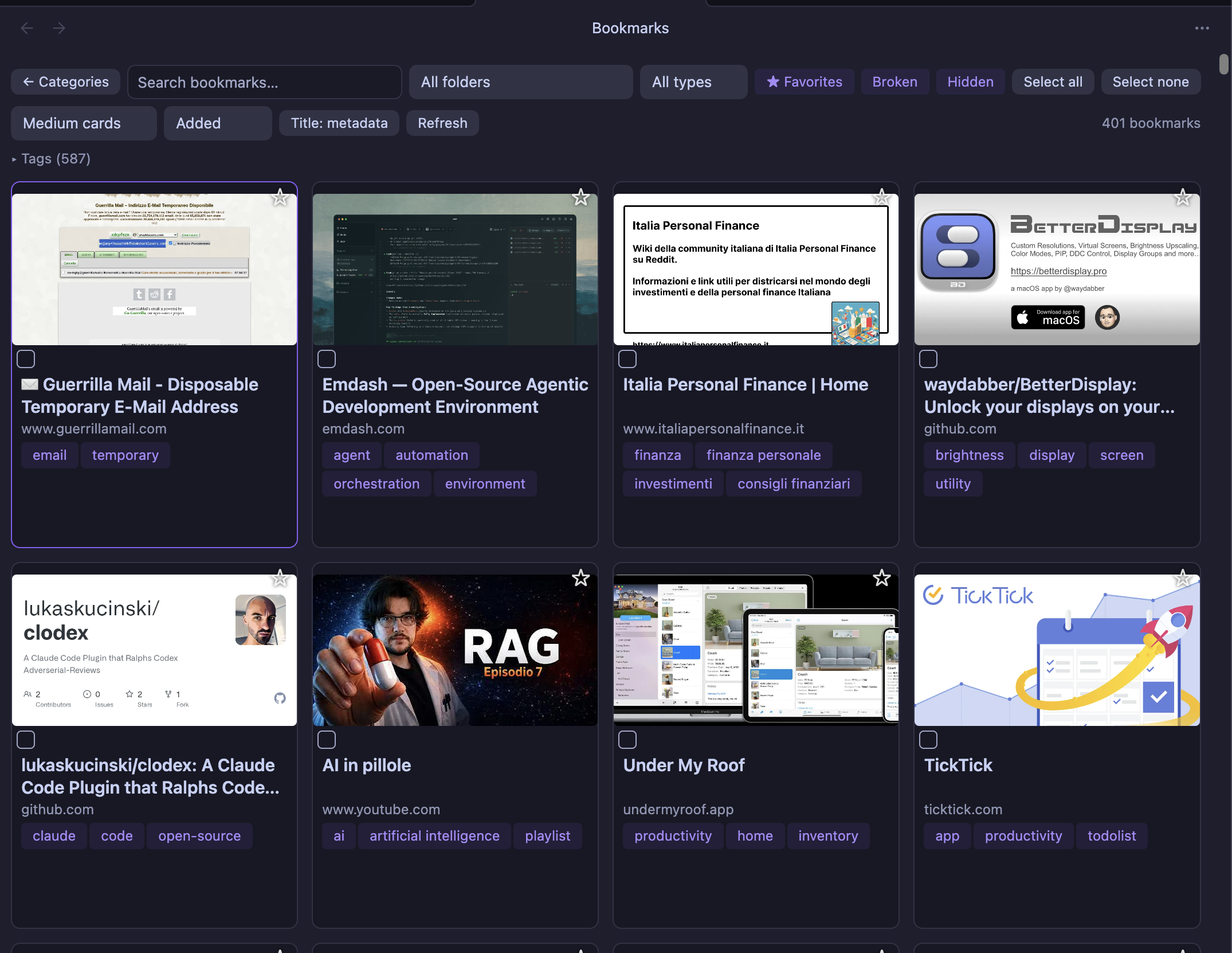 Board view: a card grid with covers, tags, and filters