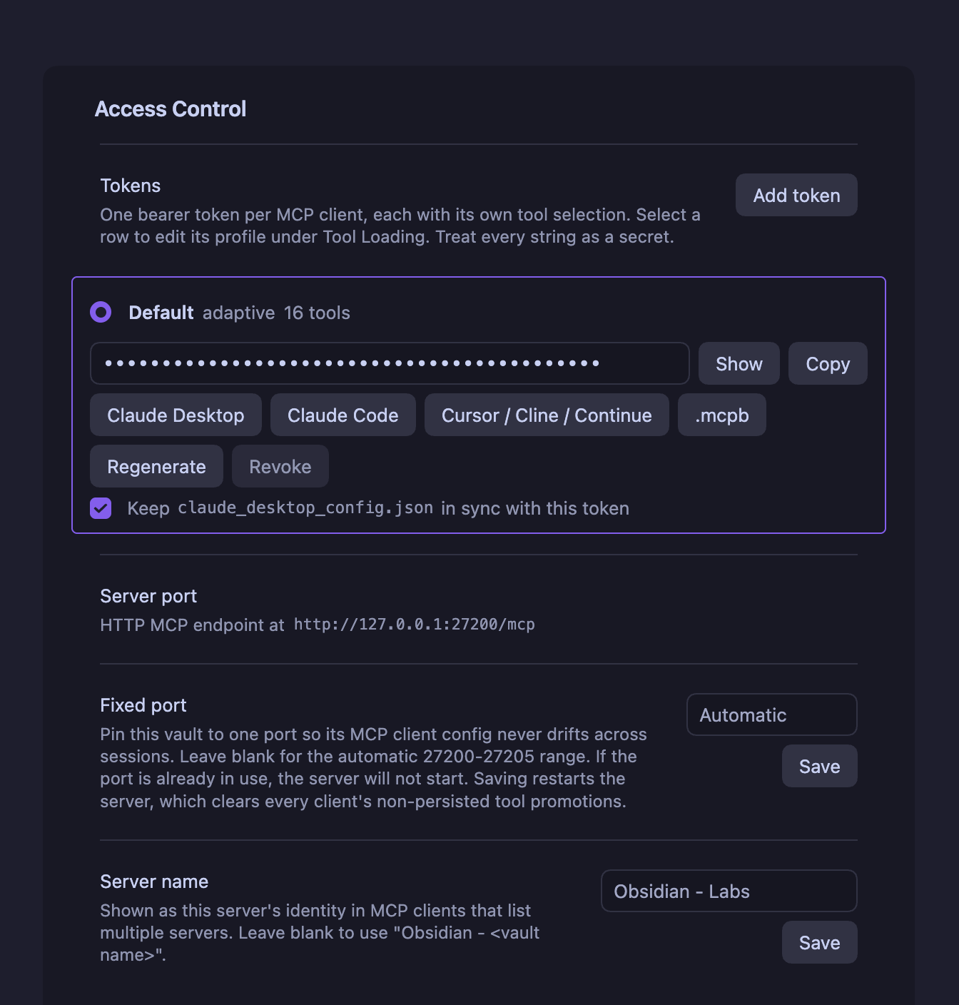 Access Control settings: the Default token row with its secret masked, per-client copy buttons, .mcpb export, regenerate and revoke, plus server port, fixed port and server name