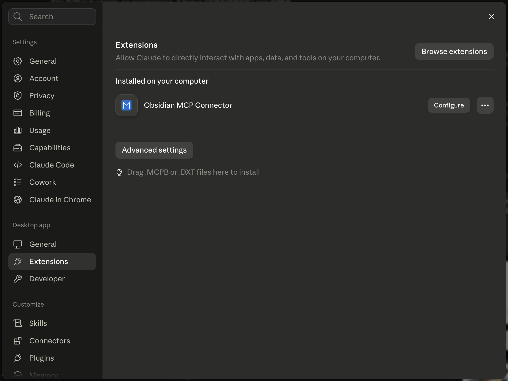 Claude Desktop Settings, Extensions: Obsidian MCP Connector installed with a Configure button, and the drop area for .MCPB files