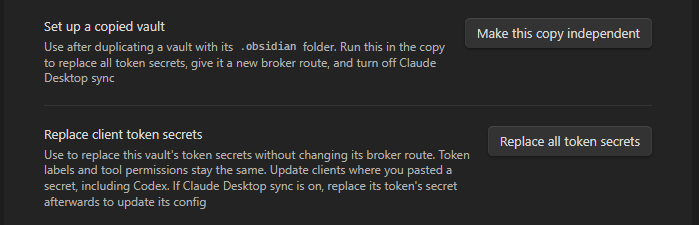Copied-vault setup and the token-secret reset control