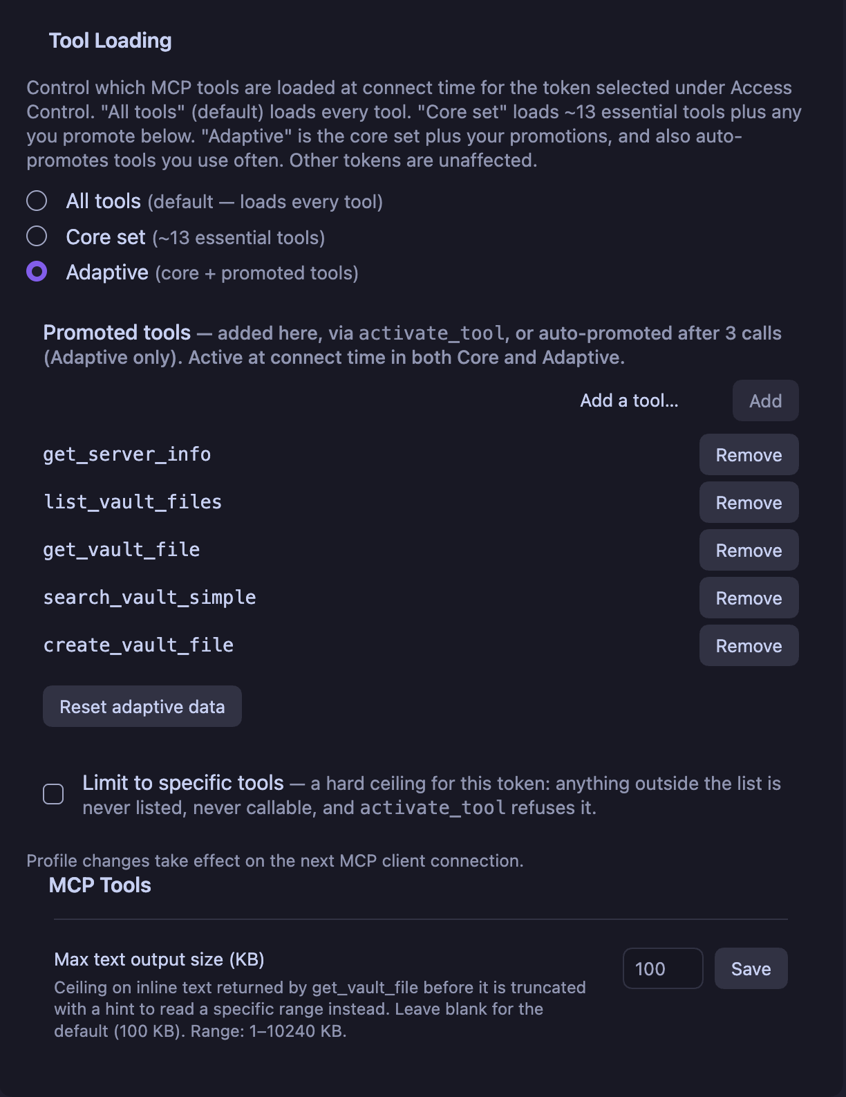 Tool Loading settings: profile radios with Adaptive selected, five promoted tools, and the "Limit to specific tools" ceiling
