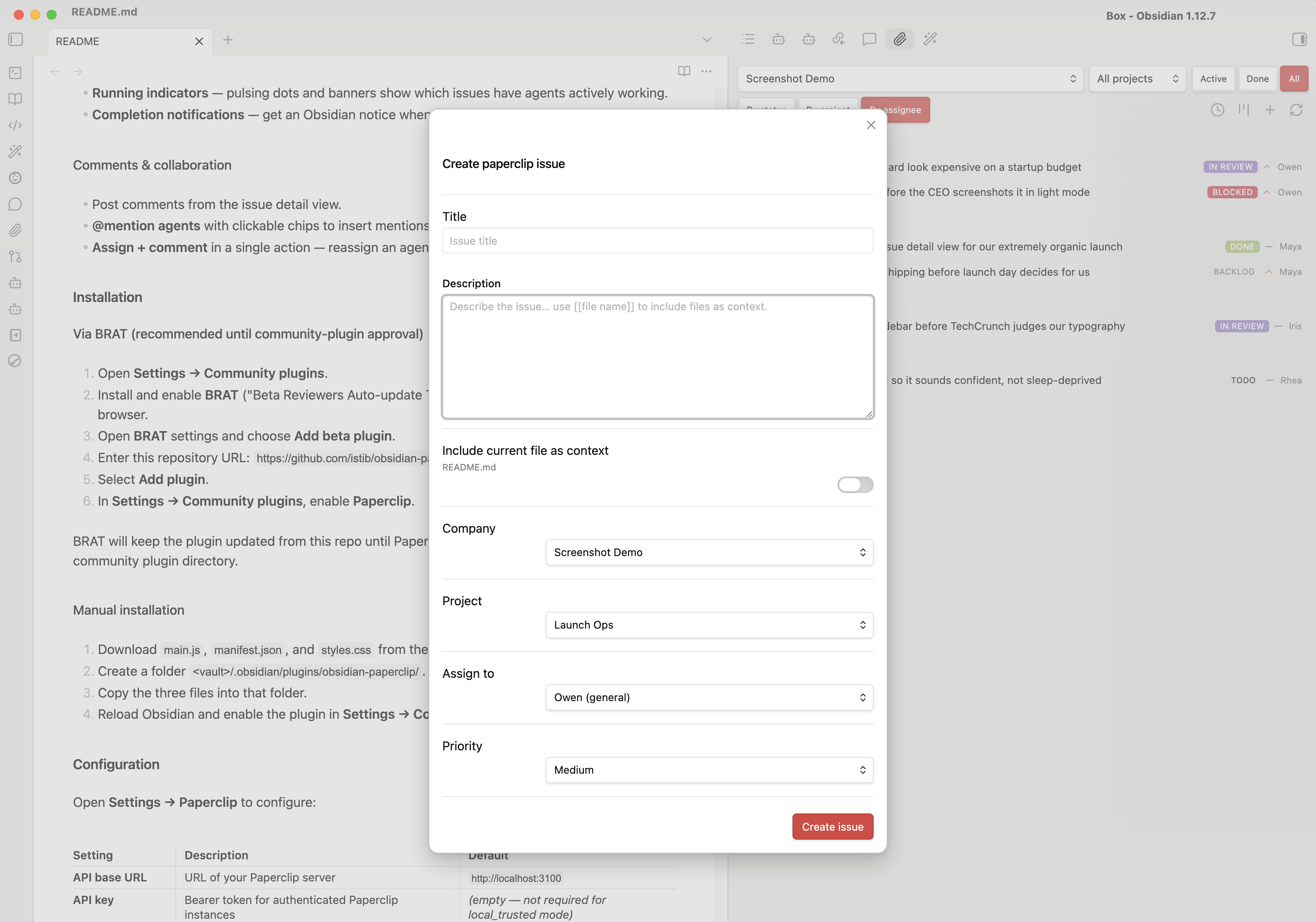 Create issue modal with title, description, project, and assignee fields