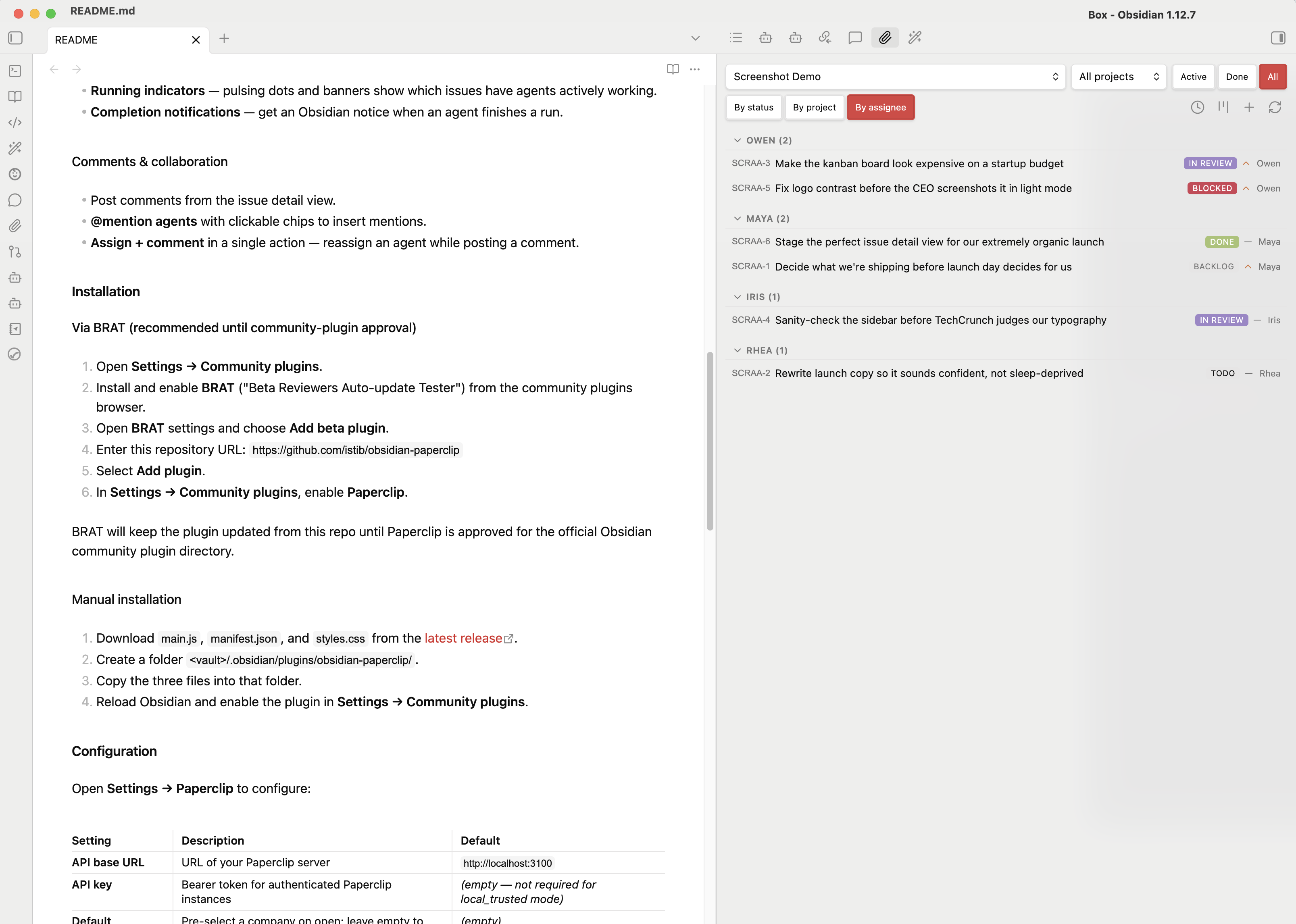 Issue browser sidebar showing issues grouped by status