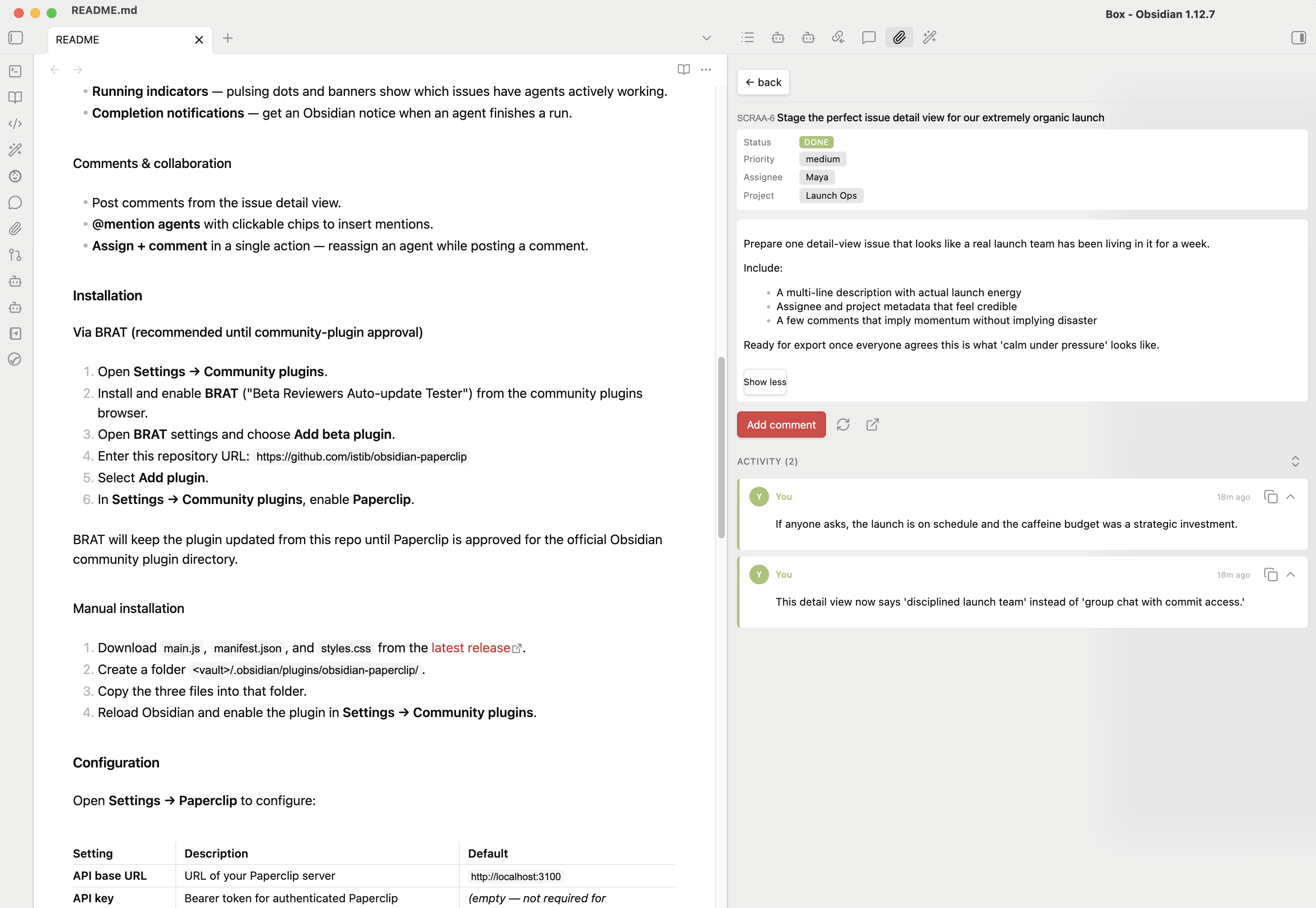 Issue detail view with status, description, and activity thread
