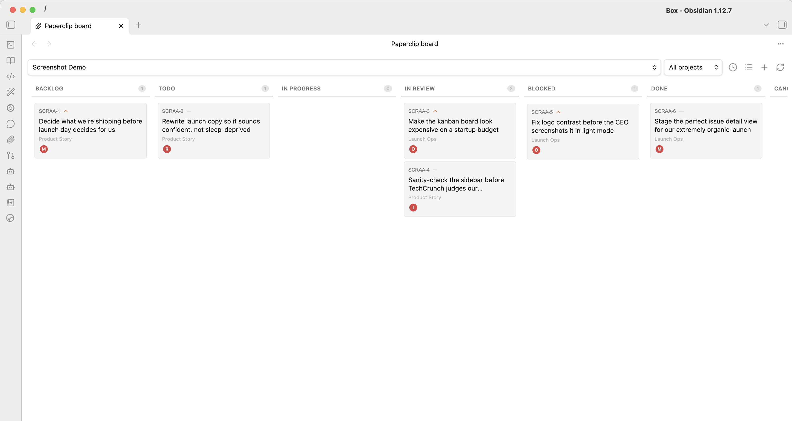 Kanban board with issues organized by status