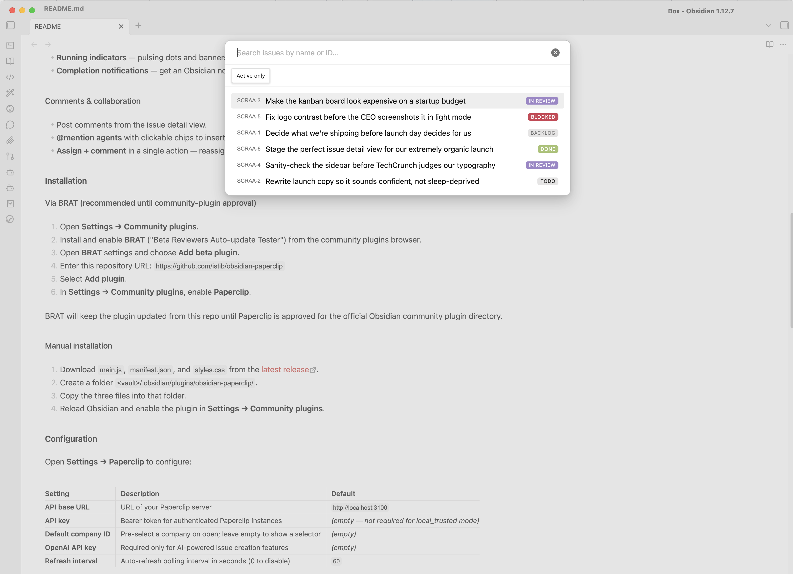 Issue search view inside Obsidian