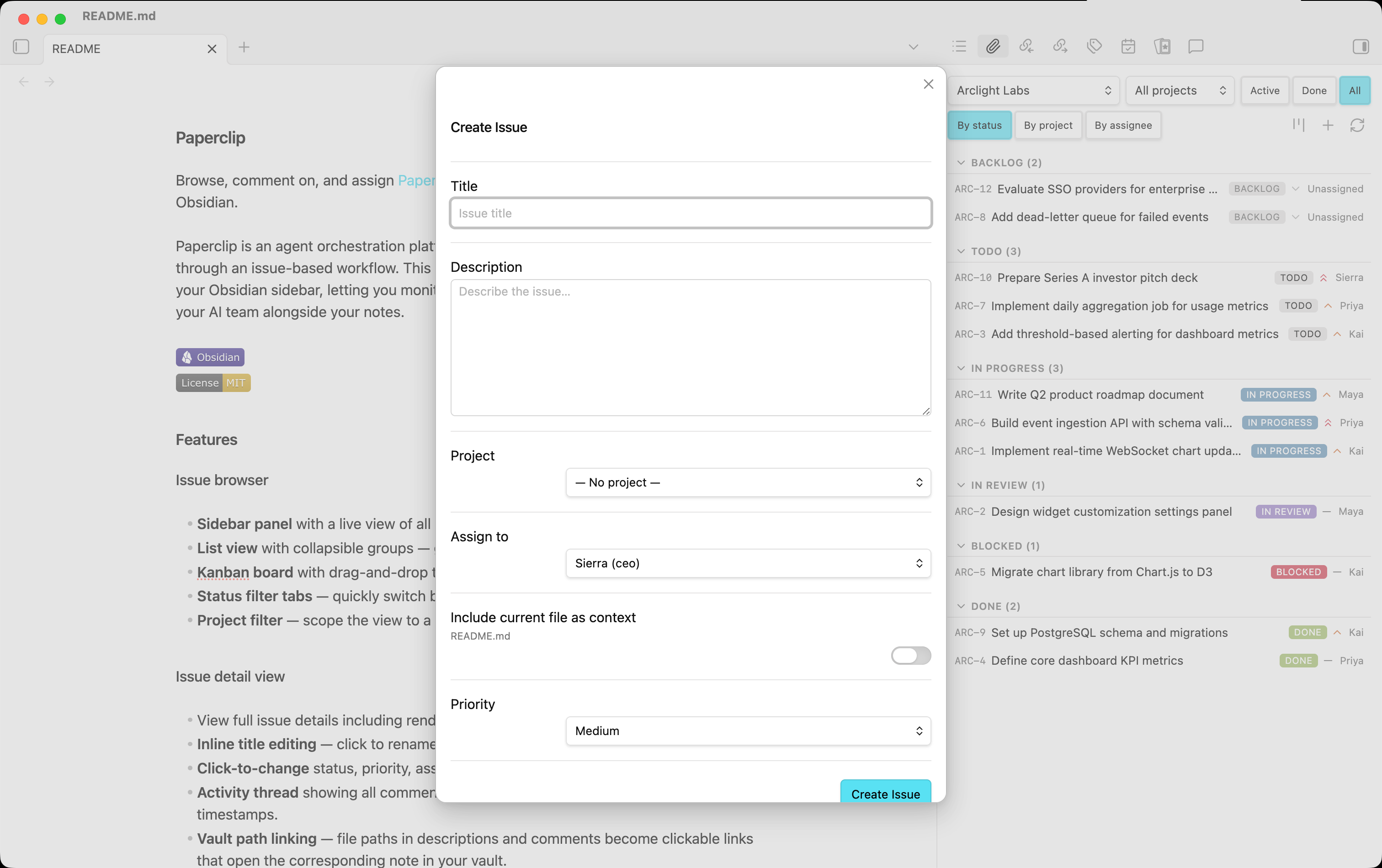 Create issue modal with title, description, project, and assignee fields