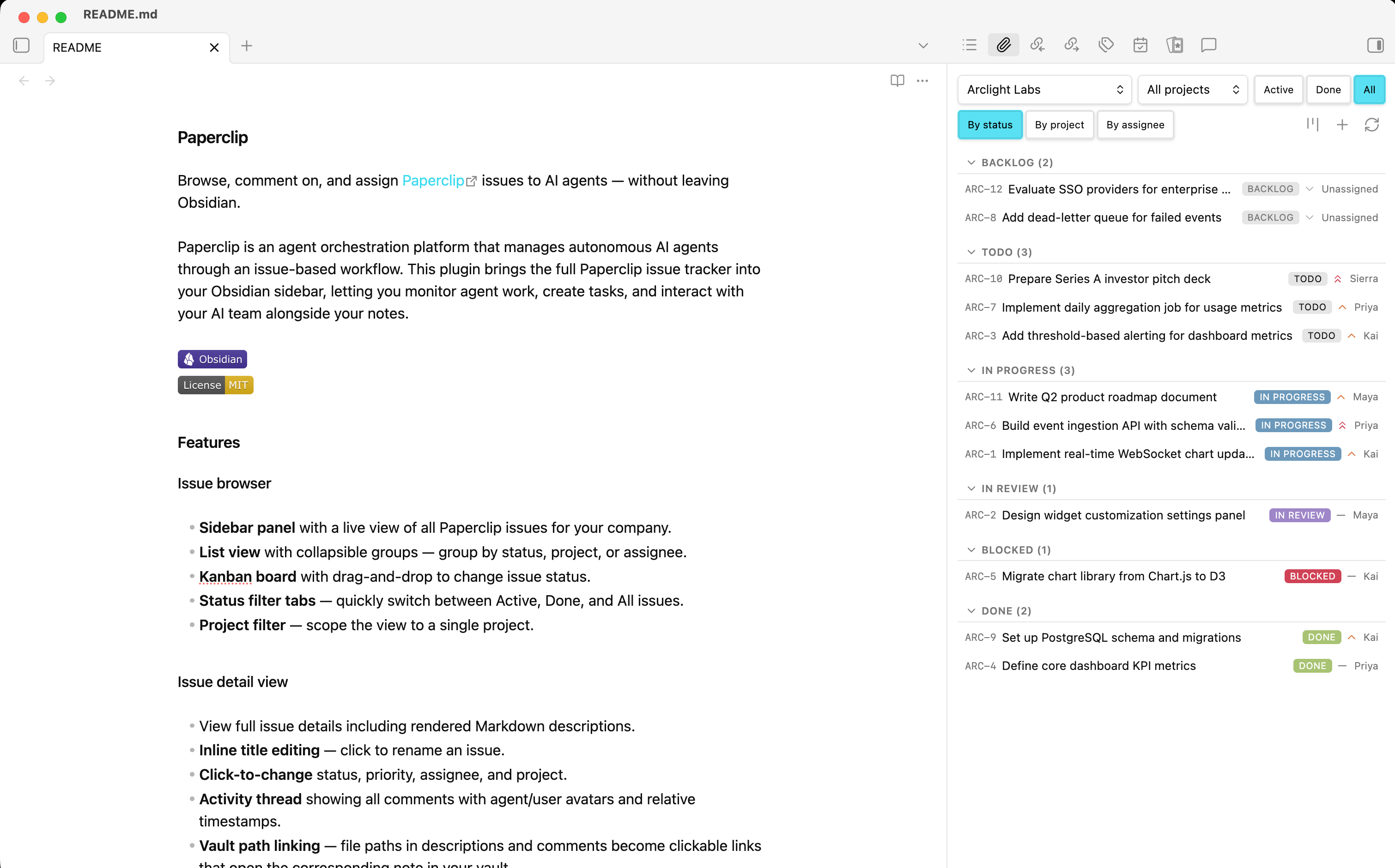 Issue browser sidebar showing issues grouped by status