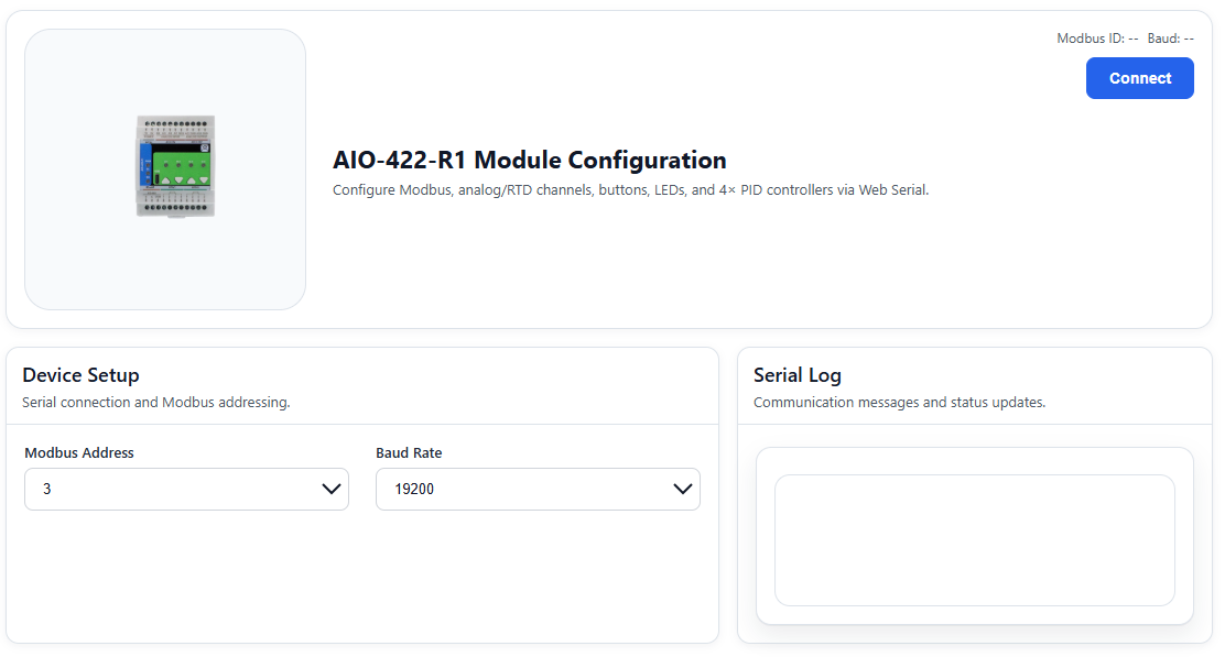 AIO-422-R1 WebConfig Modbus and connection view