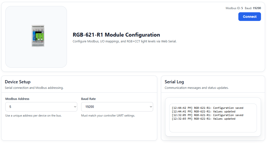 RGB-621-R1 WebConfig Modbus and connection view