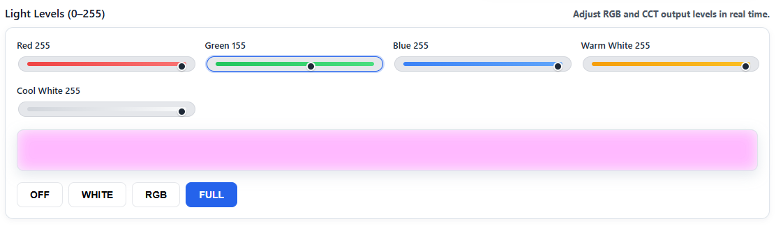 RGB-621-R1 WebConfig light levels and presets view