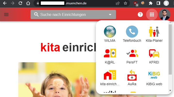 Screenshot of a web page with the truncated headline "kita einrich", on top right a menu of 9 buttons