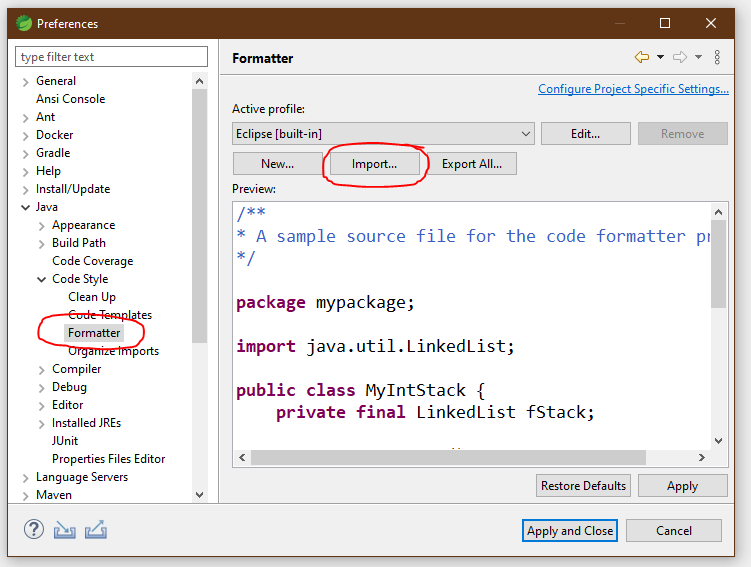 Screenshot Eclipse Java Formatter Einstellungen