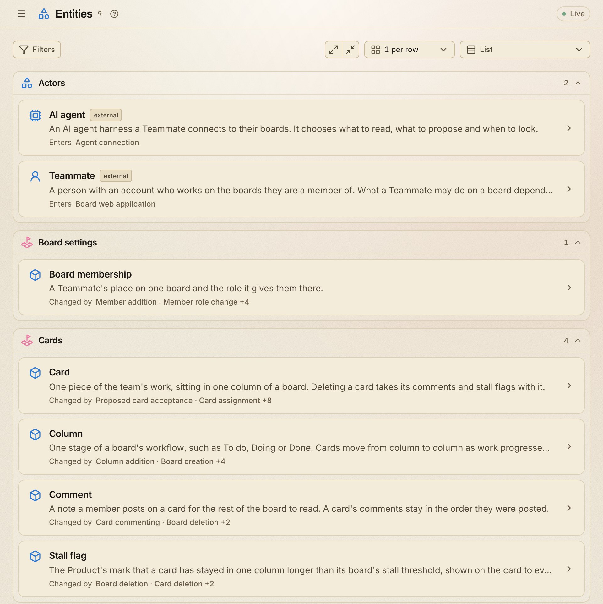 Entities list: the start of the kanban model's 9 entities, grouped by domain