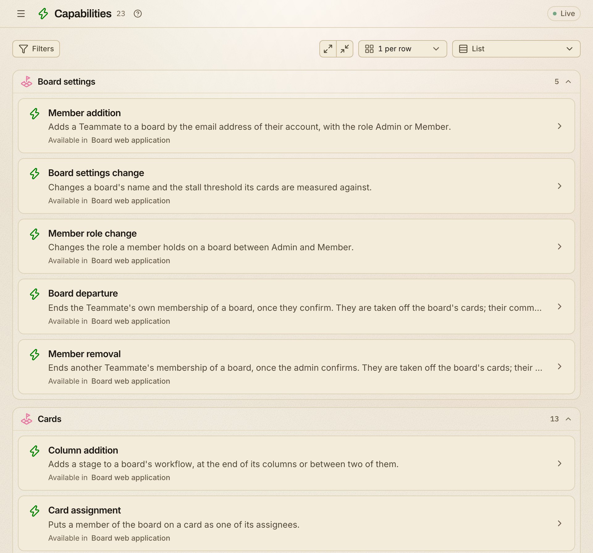 Capabilities list: the start of the kanban model's 23 capabilities, grouped by domain