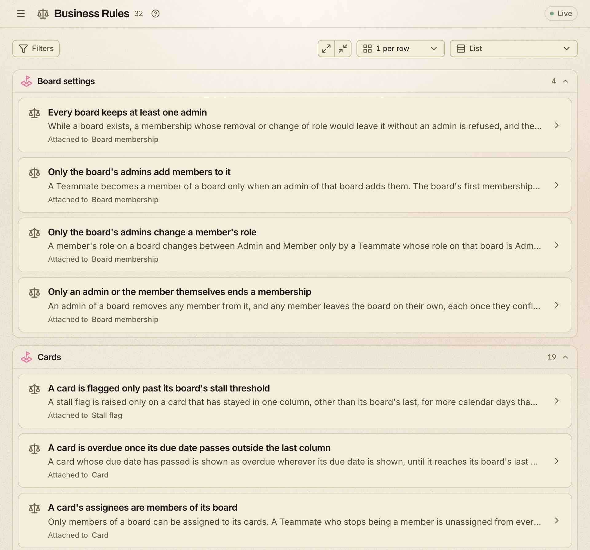 Business rules list: the start of the kanban model's 32 business rules, grouped by domain