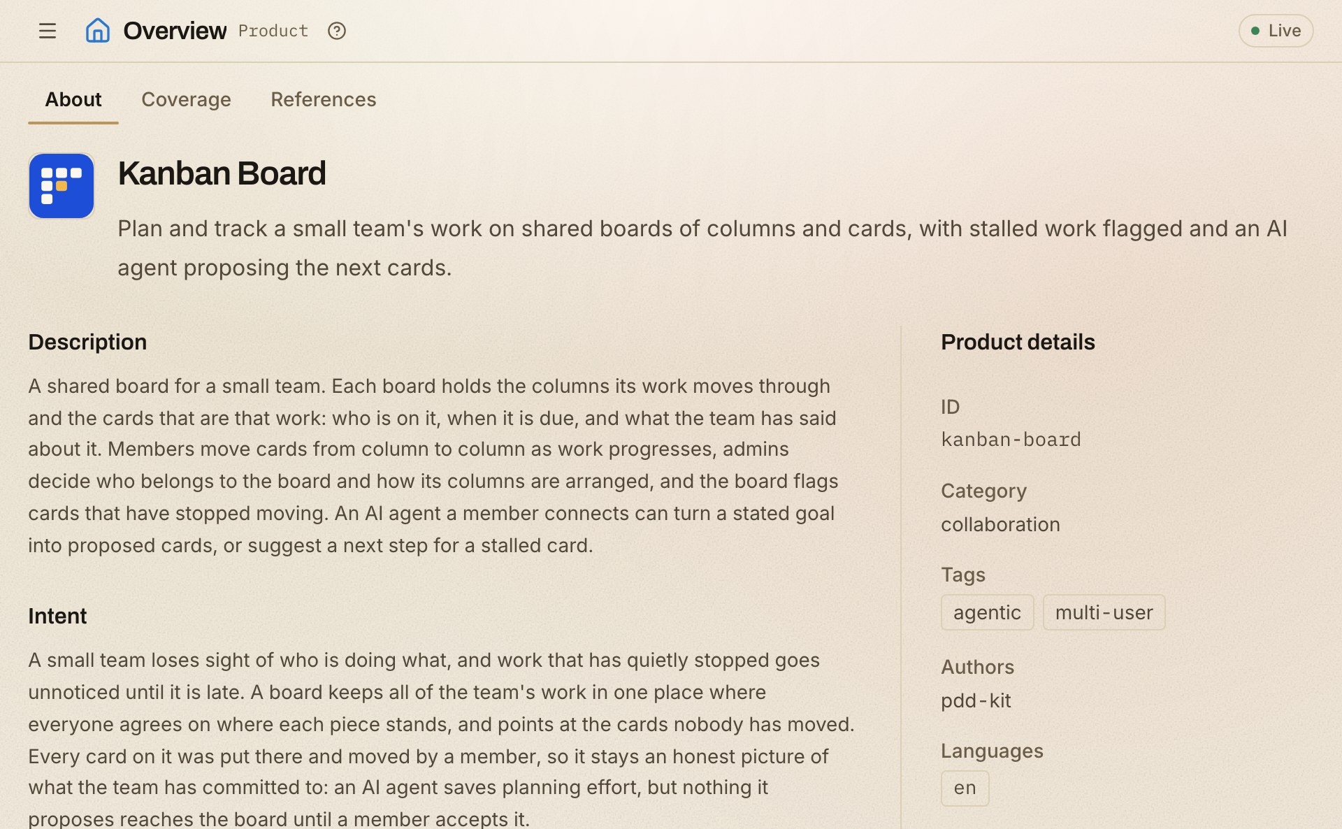 The Kanban Board Blueprint open in the pdd-kit report: the Product Overview with its description, intent and product details