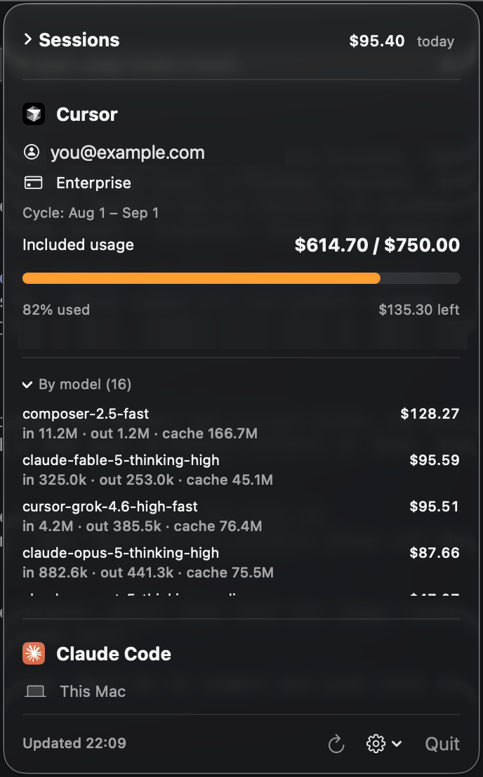 Agent Usage menu bar panel showing Cursor and Claude Code usage