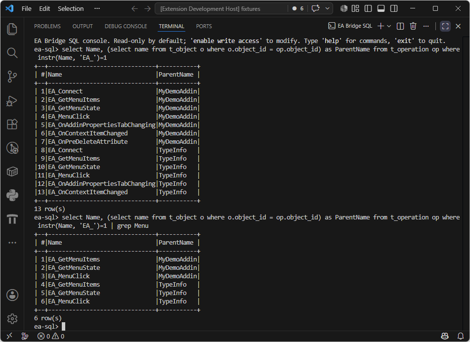 EA Bridge SQL console