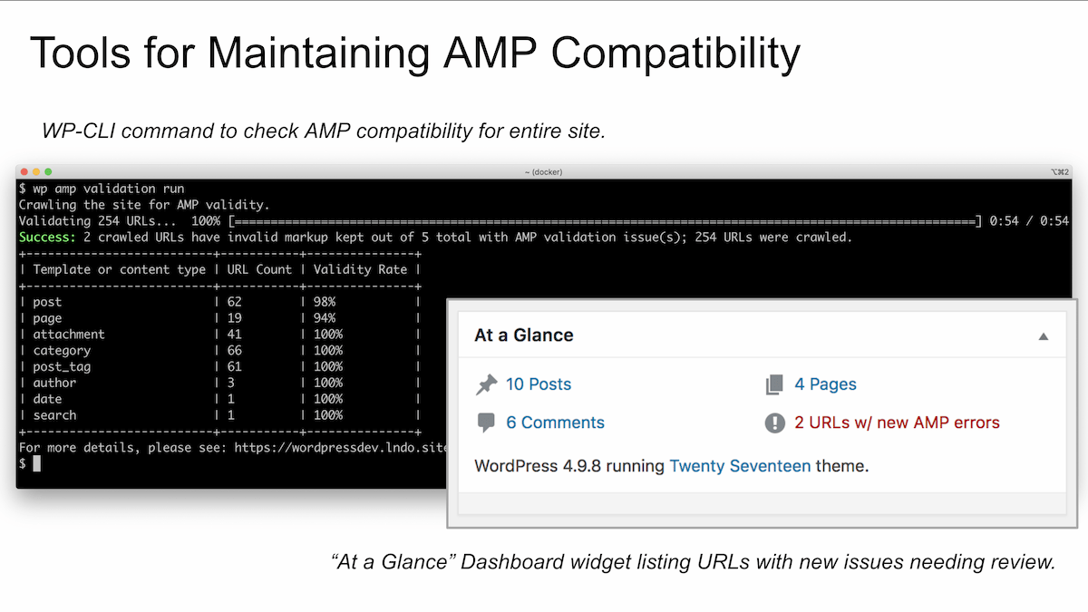 A WP-CLI command is provided to check the URLs on a site for AMP validity. Results are available in the admin for inspection.