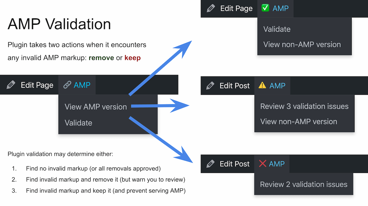 Plugin checks for AMP validity and will indicate when: no issues are found, new issues need review, or issues block AMP from being served.