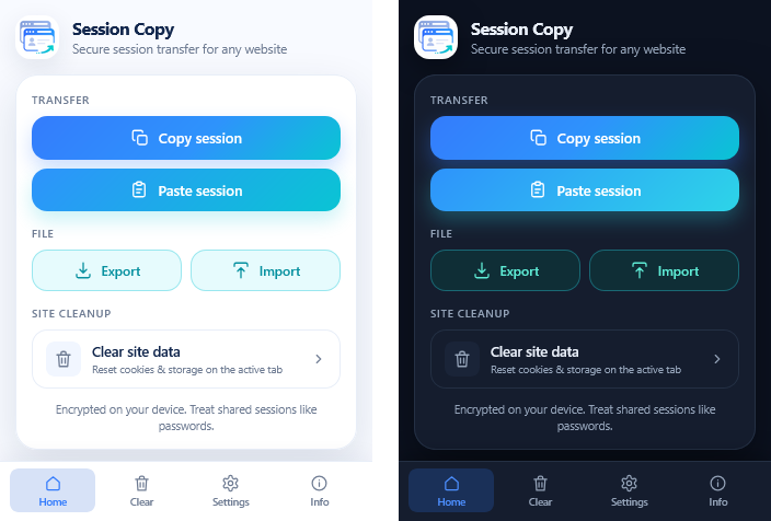 Session Copy popup in light and dark themes