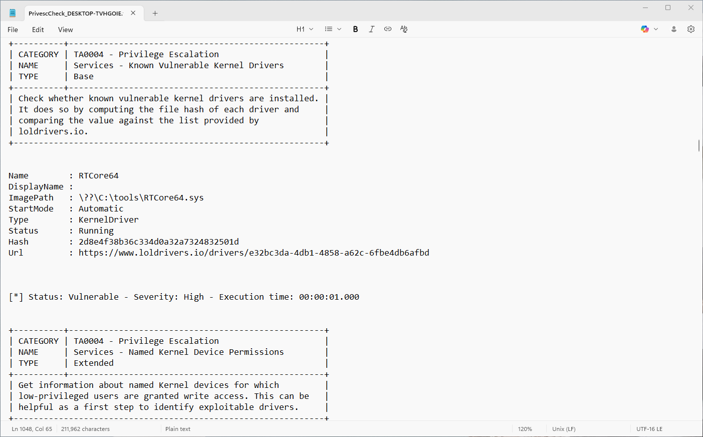 Screenshot of a raw text report generated by PrivescCheck