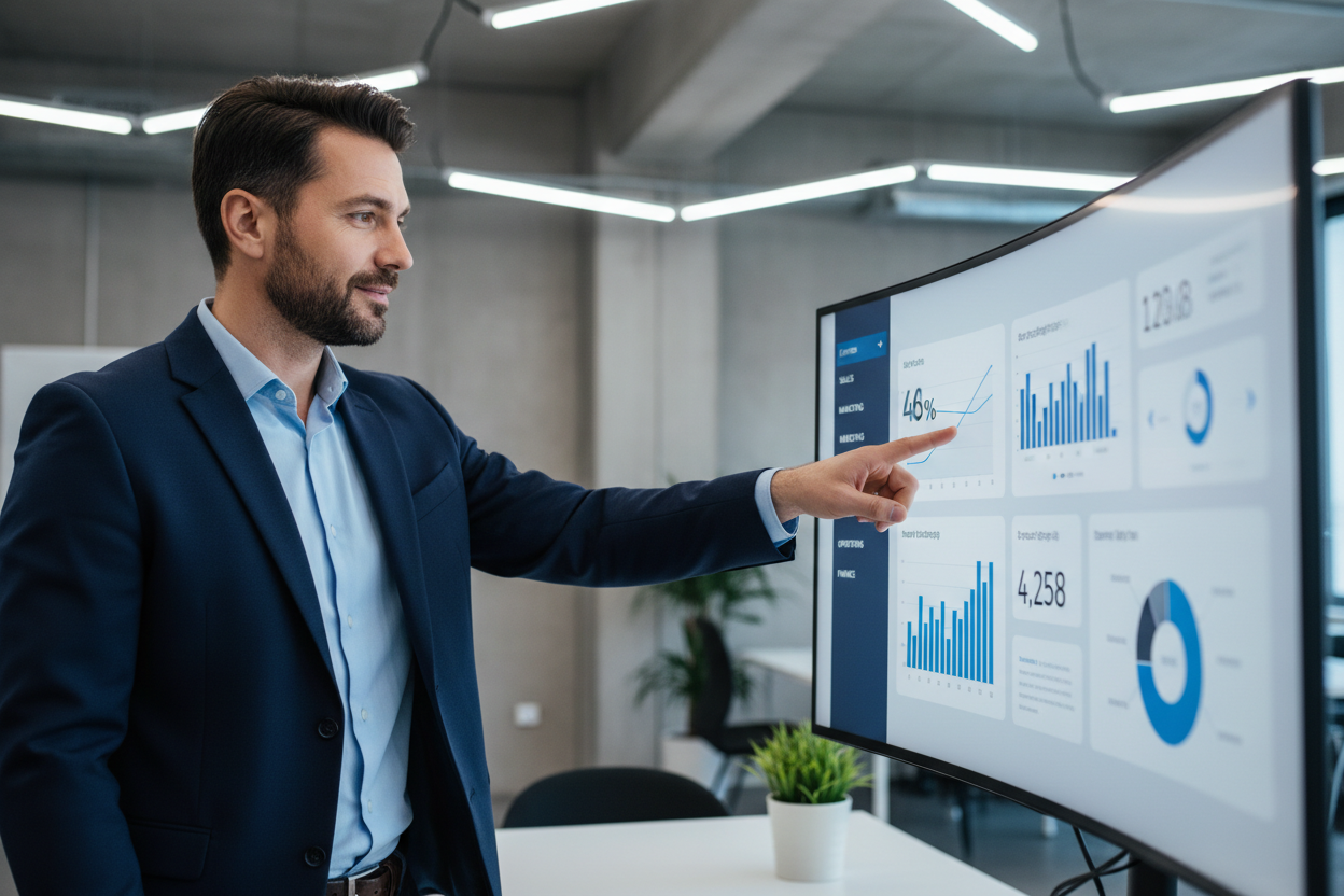 Business owner viewing unified data dashboard