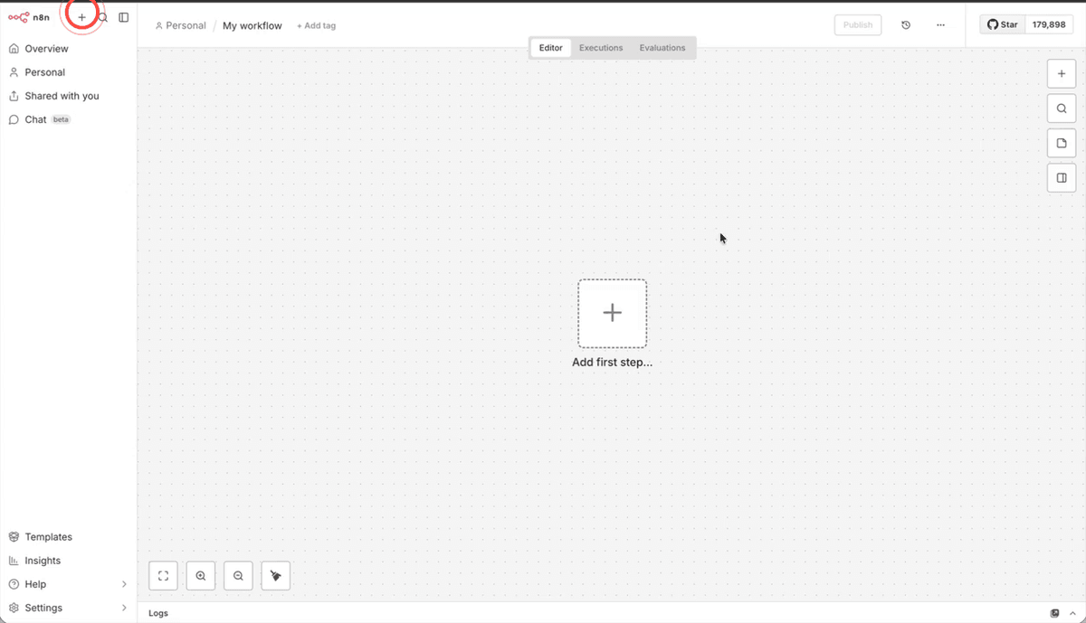 Clicking the plus button in the n8n top navigation and selecting Workflow to open a new blank workflow