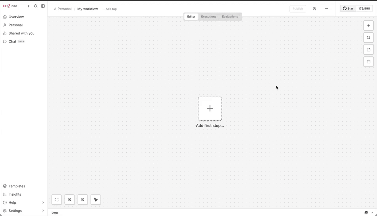 The n8n workflow editor canvas showing zoom controls and the main building area