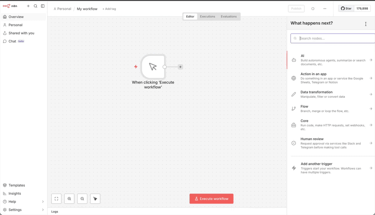 The Execute Workflow trigger node running and outputting one empty JSON item