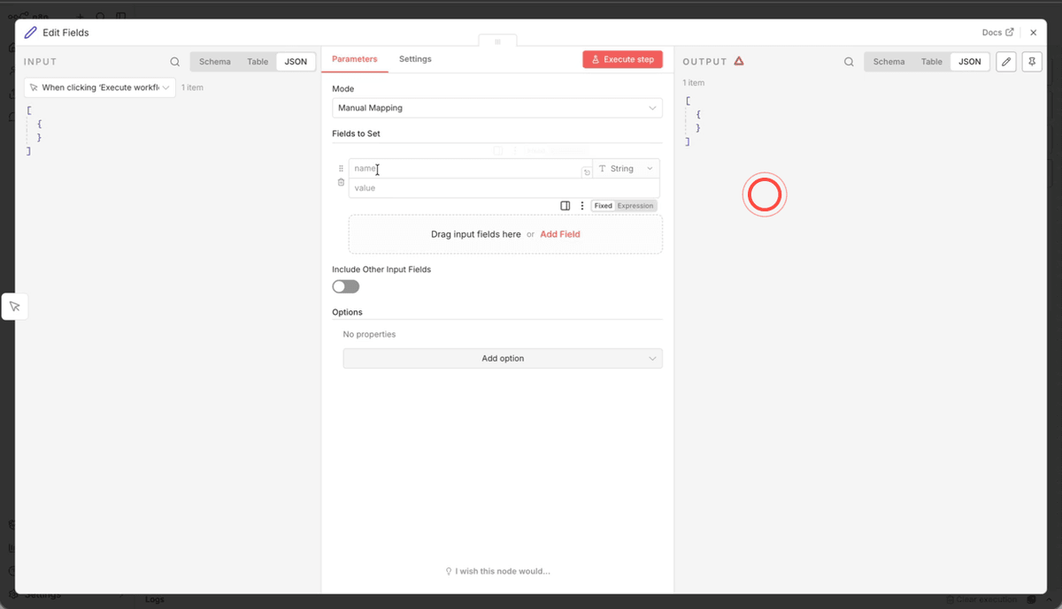 A Set node configured with hardcoded fields for name, phone, and email, showing one output item