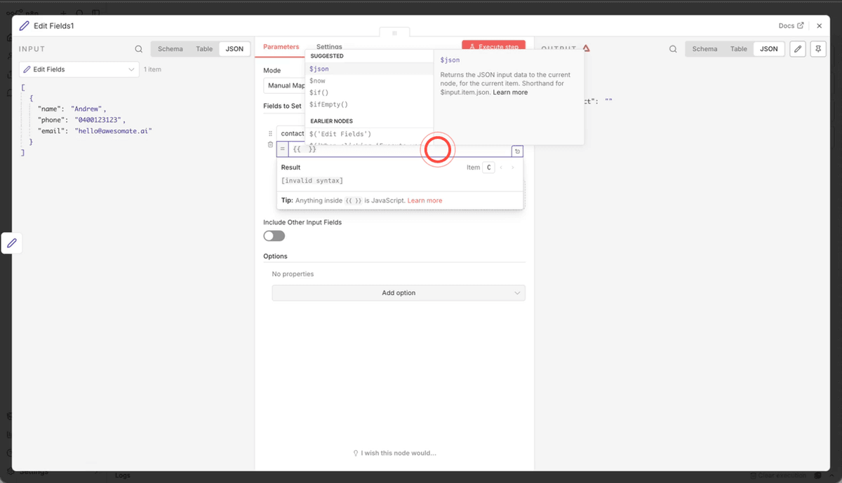 Typing double curly brackets in a Set node value field to open the expression editor and select $json