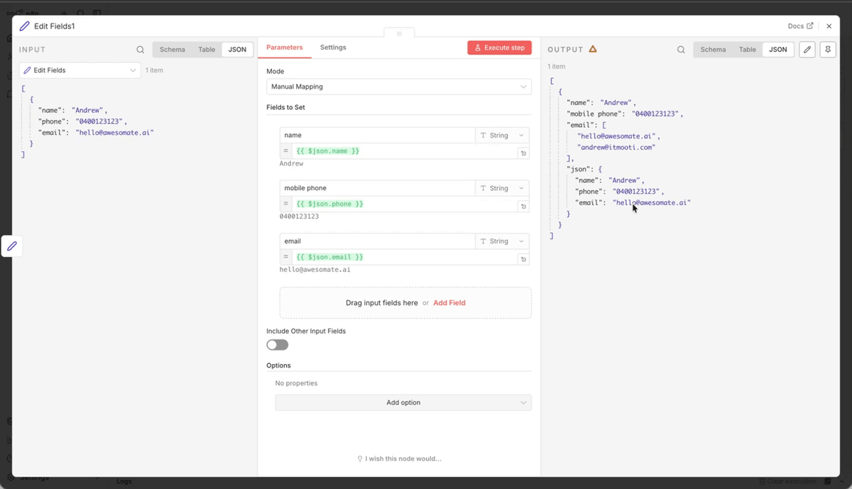 A Set node configured to pass the entire $json object as a nested object field called contact