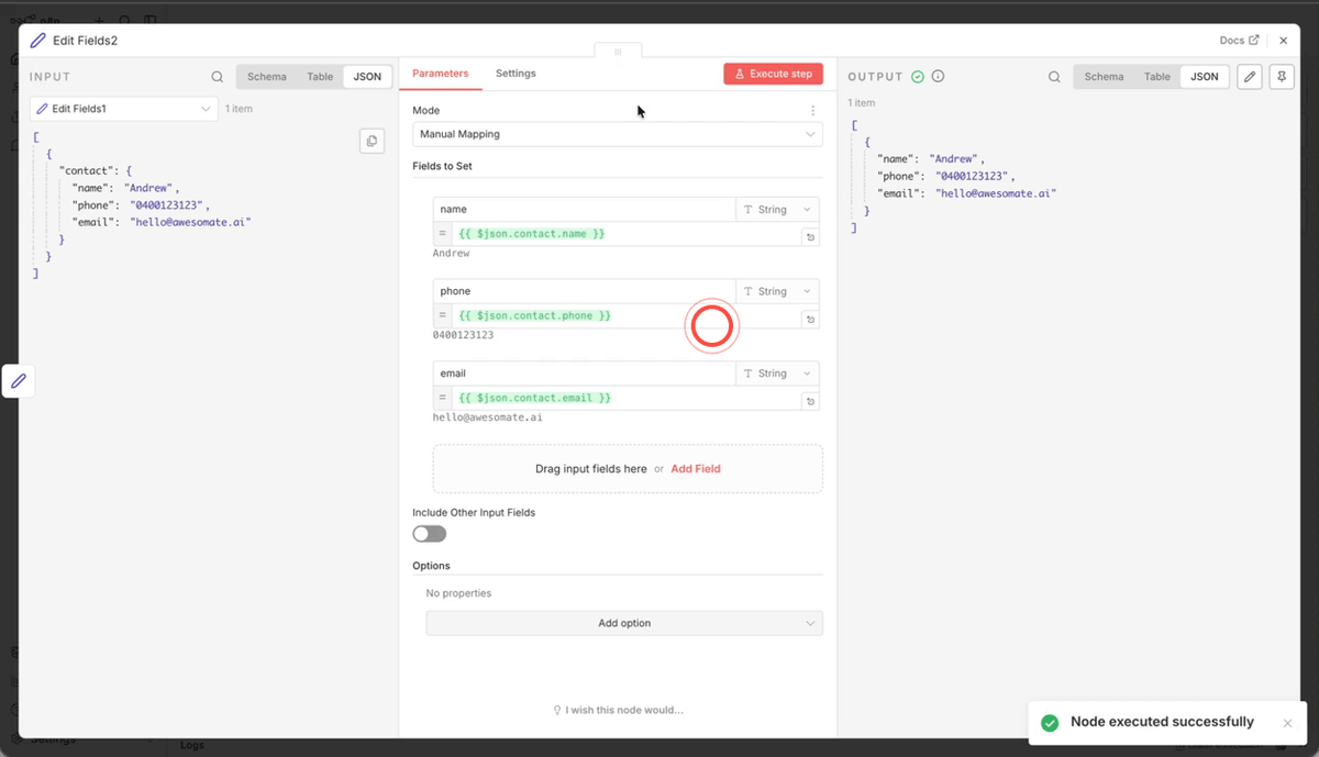 Using chained dot notation such as $json.contact.name to access a nested field inside an object