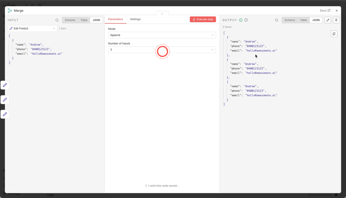 A Merge node in Append mode connected three times to the same upstream node, outputting three items