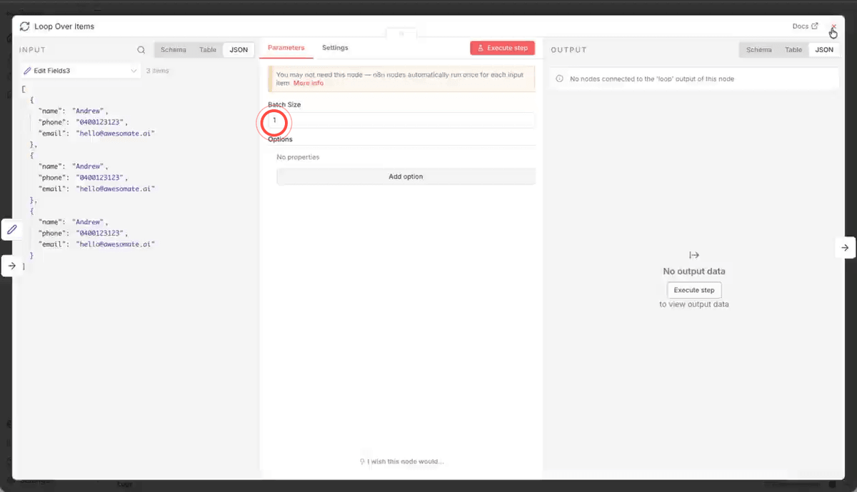 A Loop node configured with a batch size of 1 to process items one at a time