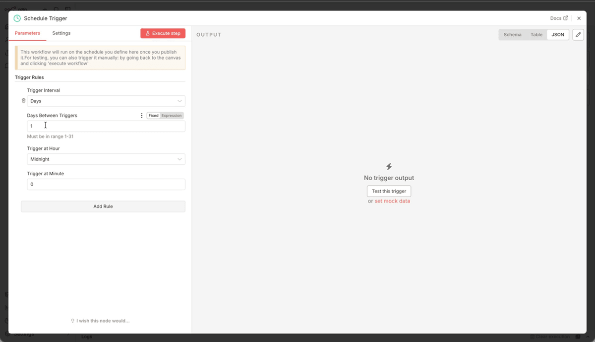 A Schedule trigger node configured to run every five minutes with the time zone set to Sydney